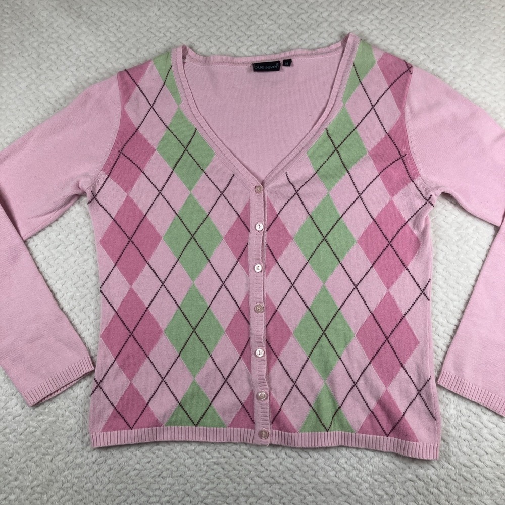 Blue Seven Women's Pink‎ Argyle Cardigan Medium Preppy School Girl Old Money
